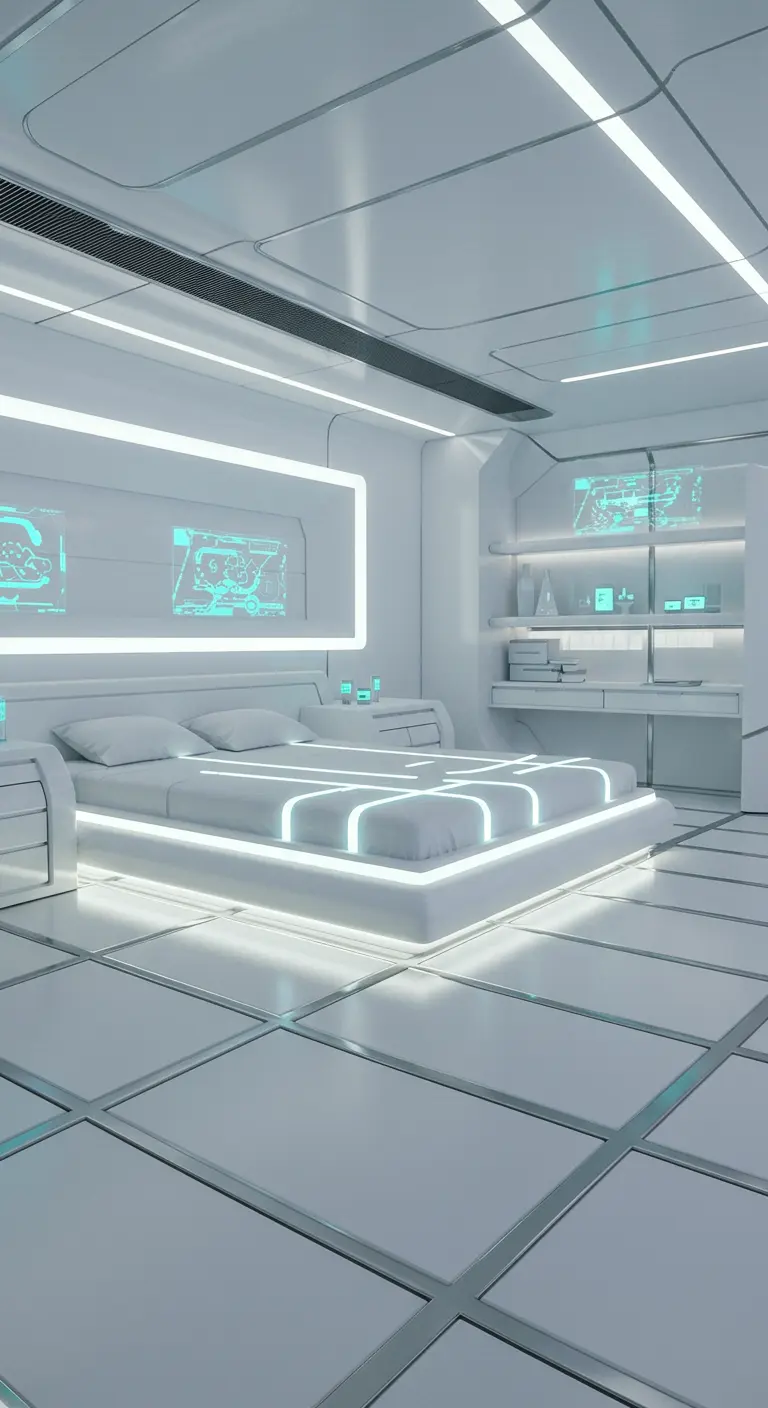 Spierwitte futuristische slaapkamer met lichtblauwe led-accenten en strakke lijnen.