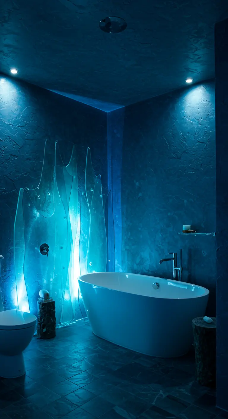 Donkere badkamer met organisch gevormde blauwe glazen panelen als doucheafscheiding, sprookjesachtig verlicht.