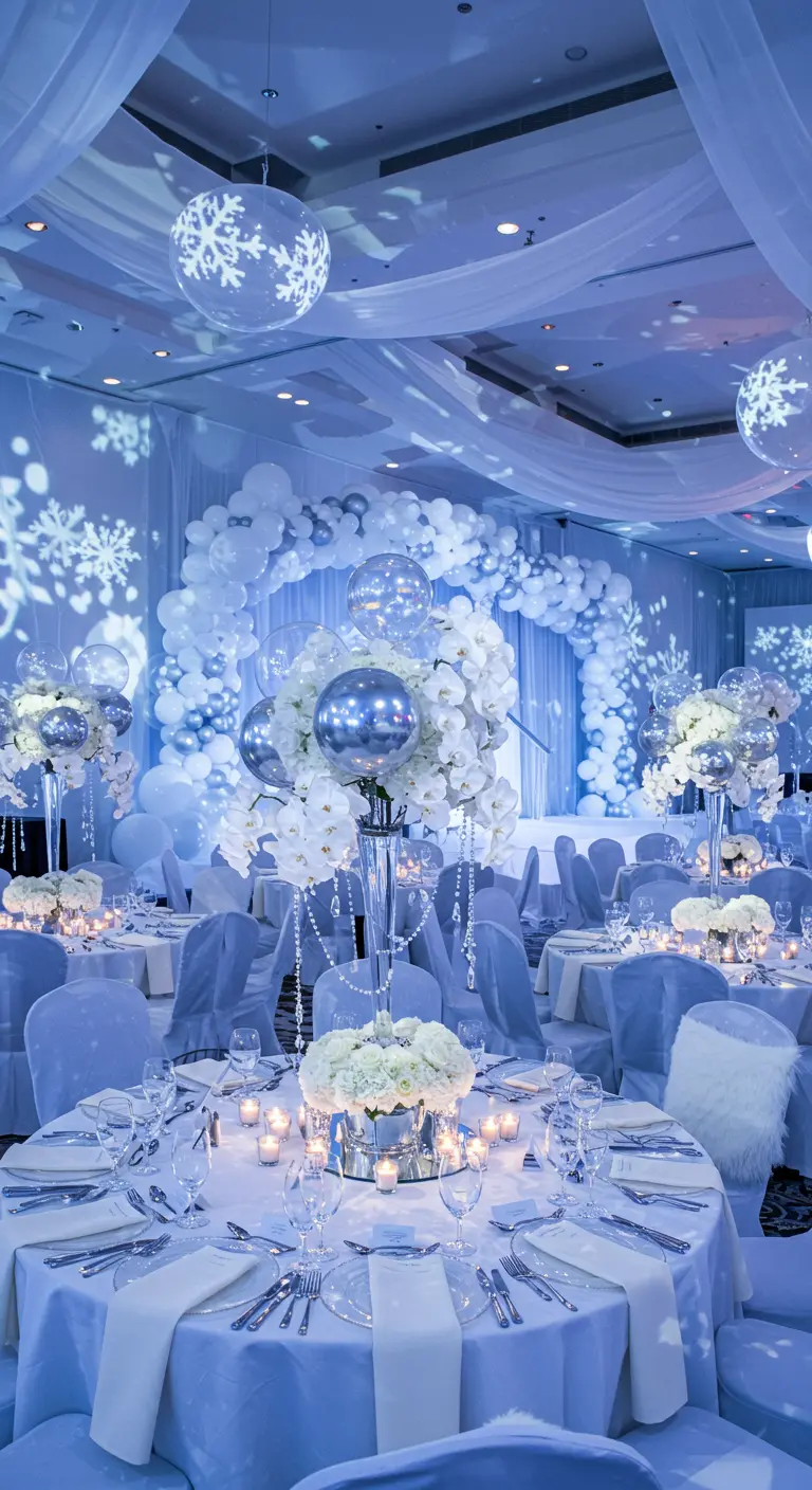 Winter thema feestdecoratie met witte en zilveren ballonnen, orchideeën en sneeuwvlokprojecties.