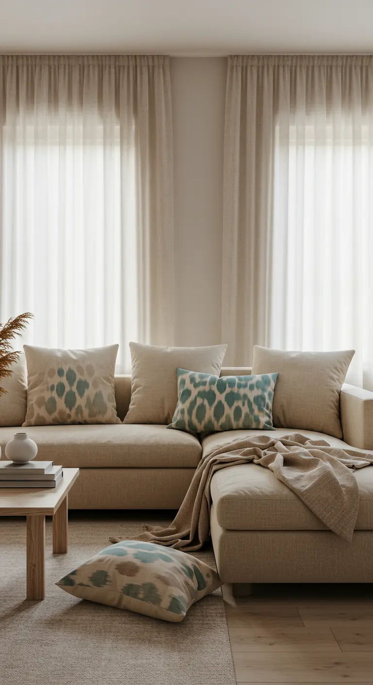 Naturel woonkamer met lichte bank en kussens met blauw-beige ikat patroon.