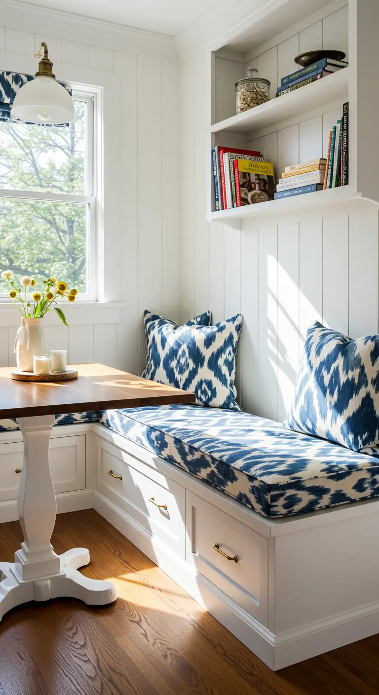 Lichte eethoek met witte ingebouwde bank en blauw-witte kussens met ikat-patroon.
