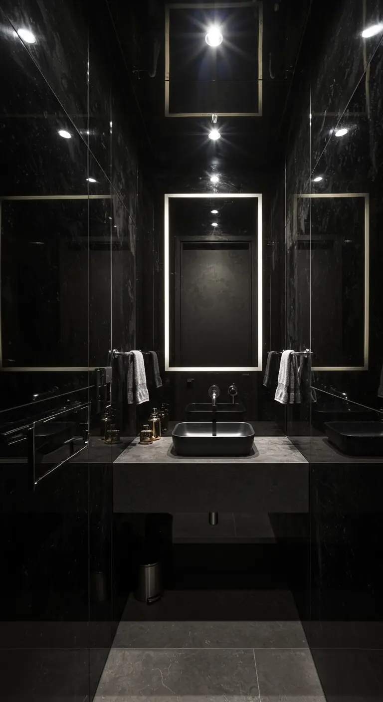Zwarte marmeren badkamer met spiegelwanden, verlichte spiegel en minimalistische wastafel.
