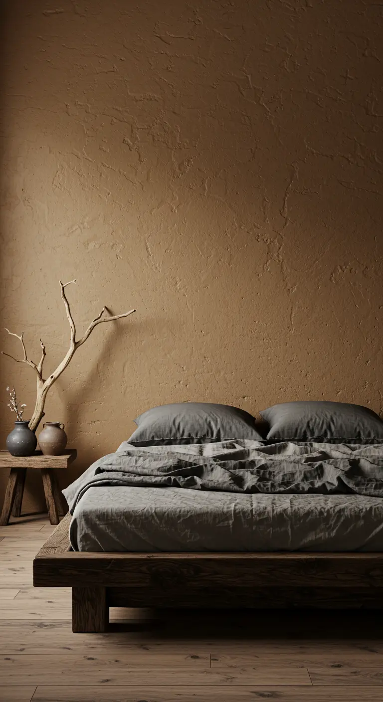 Slaapkamer met bruine textuurmuur en minimalistisch houten bed.