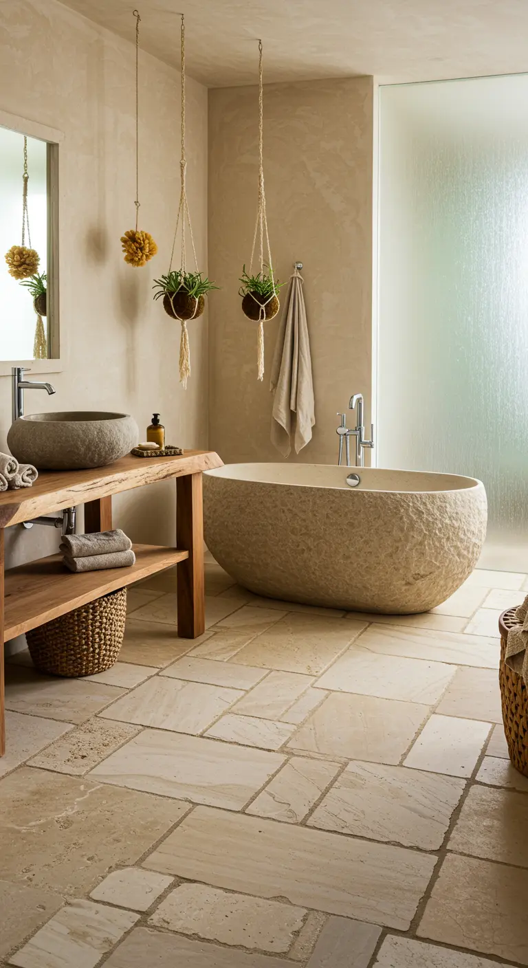 Wabi-Sabi badkamer met ruwe travertin vloer, stenen bad en hangplanten.