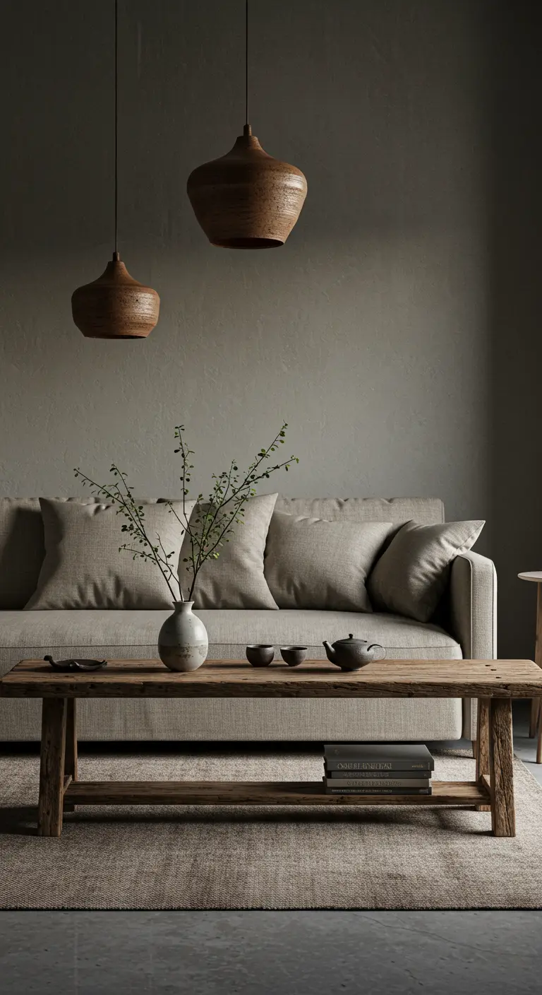 Wabi-sabi woonkamer met linnen bank, houten tafel en minimalistische decoratie.