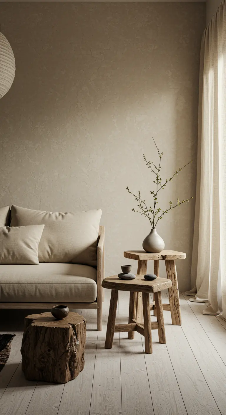 Groep van rustieke houten bijzettafels en krukjes in een wabi-sabi interieur.