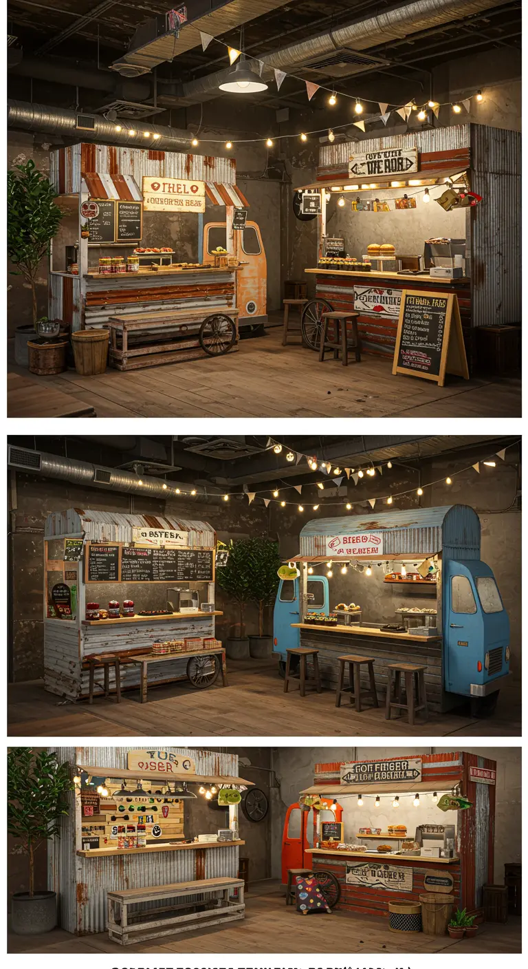 Creatieve foodtruck festival opstelling in een binnenruimte met verschillende kraampjes en lichtslingers.