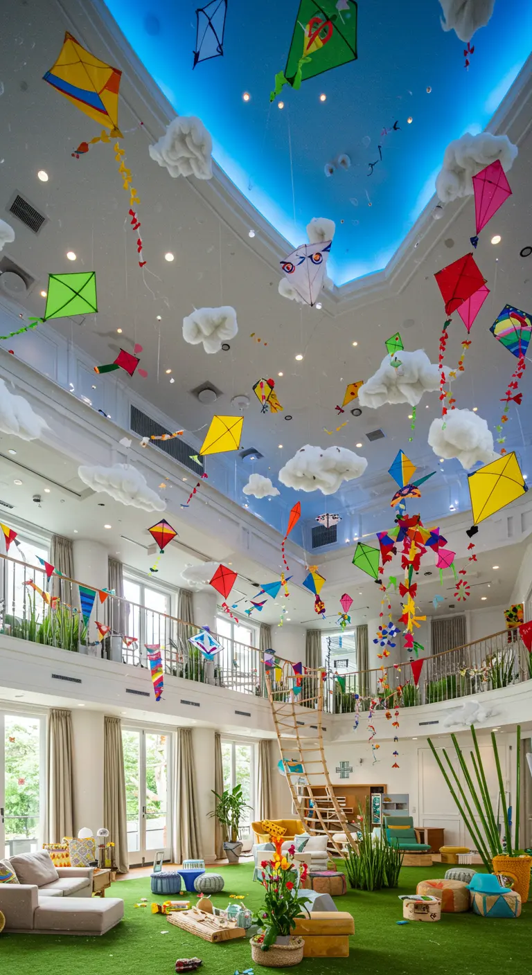 Grote lichte ruimte met een hoog plafond, versierd met talloze kleurrijke vliegers en wolken.