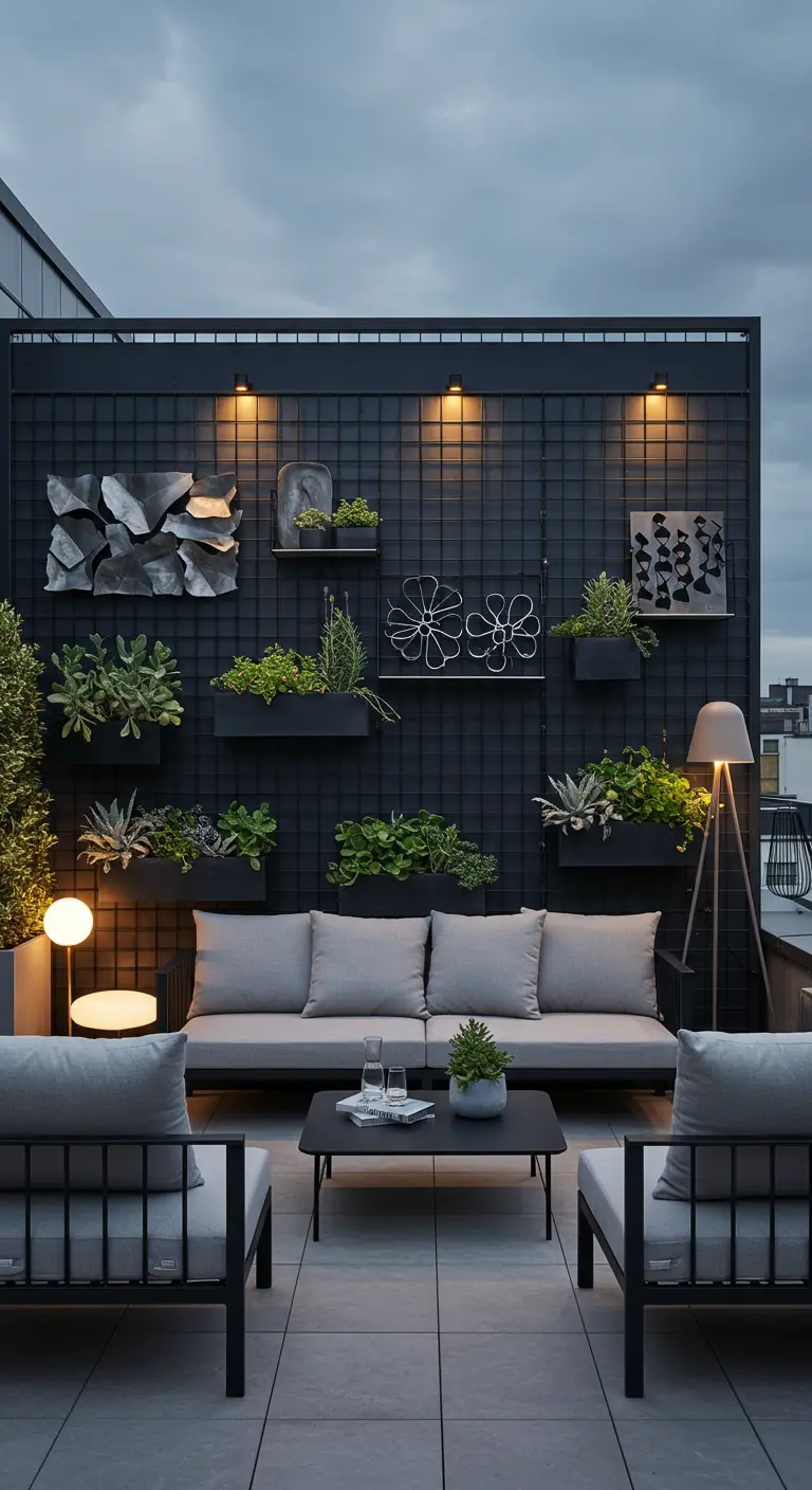 Strakke zwarte metalen rasterwand met plantenbakken en moderne decoratie op een dakterras.