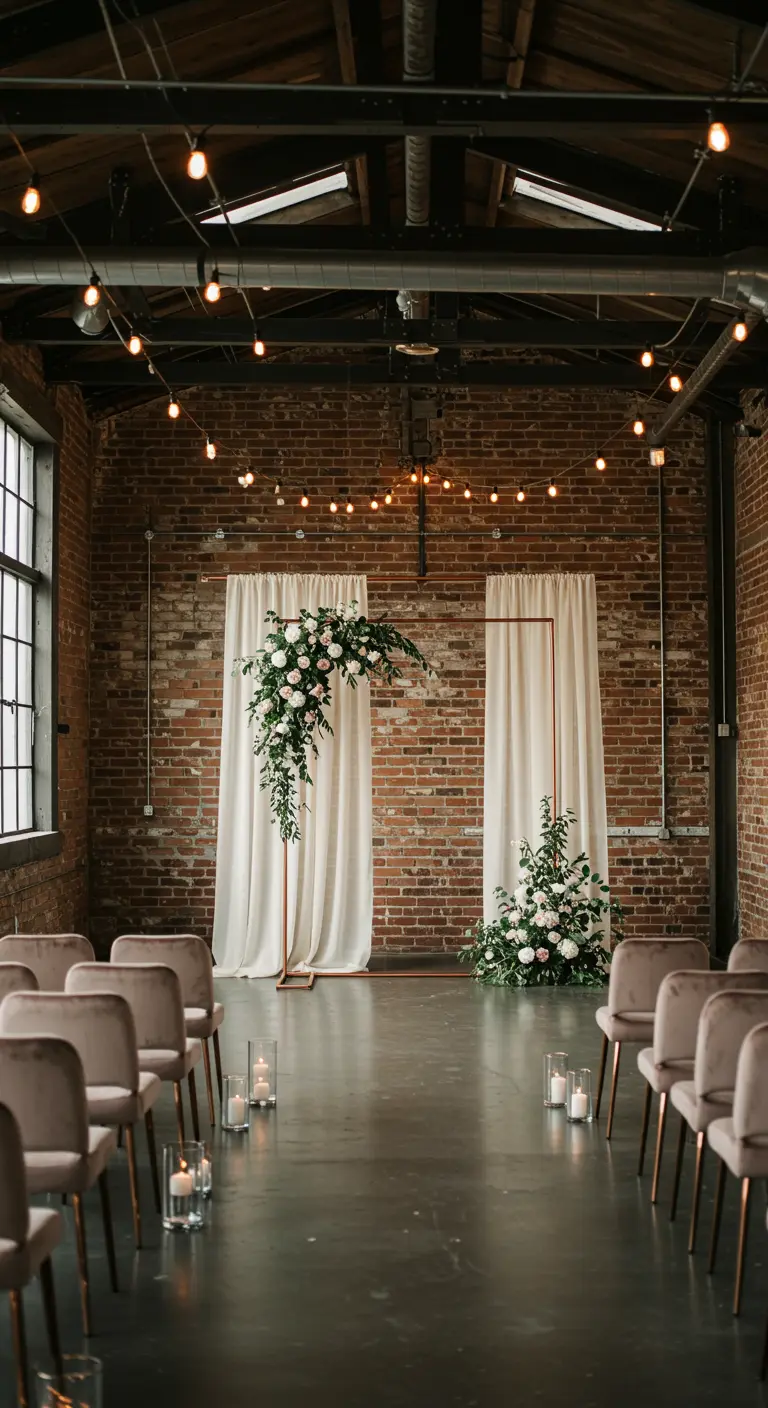 Industriële ceremonie met koperen altaar, witte doeken en bloemen tegen bakstenen muur.