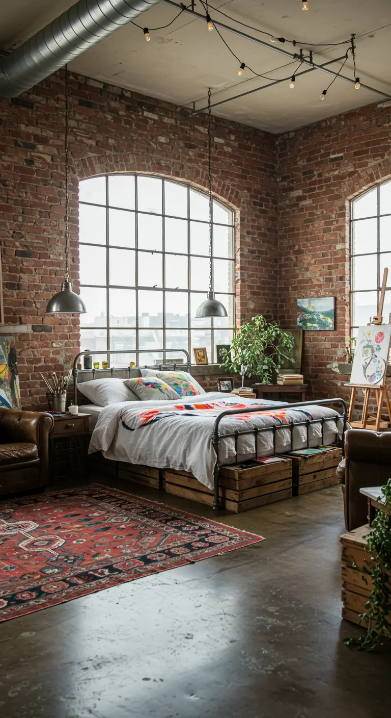 Industriële slaapkamer met bakstenen muren, metalen bed en artistieke elementen.