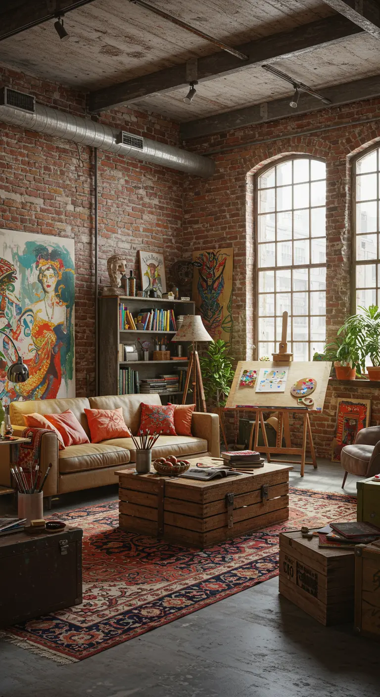 Industriële boho woonkamer met bakstenen muur, kunst, Perzisch tapijt en houten kisten.