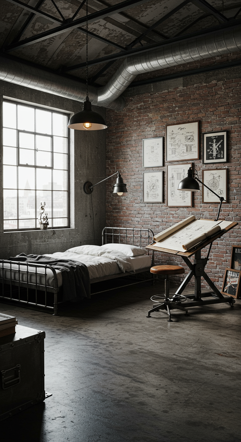 Industriële slaapkamer met metalen bed, tekentafel en bakstenen muur.