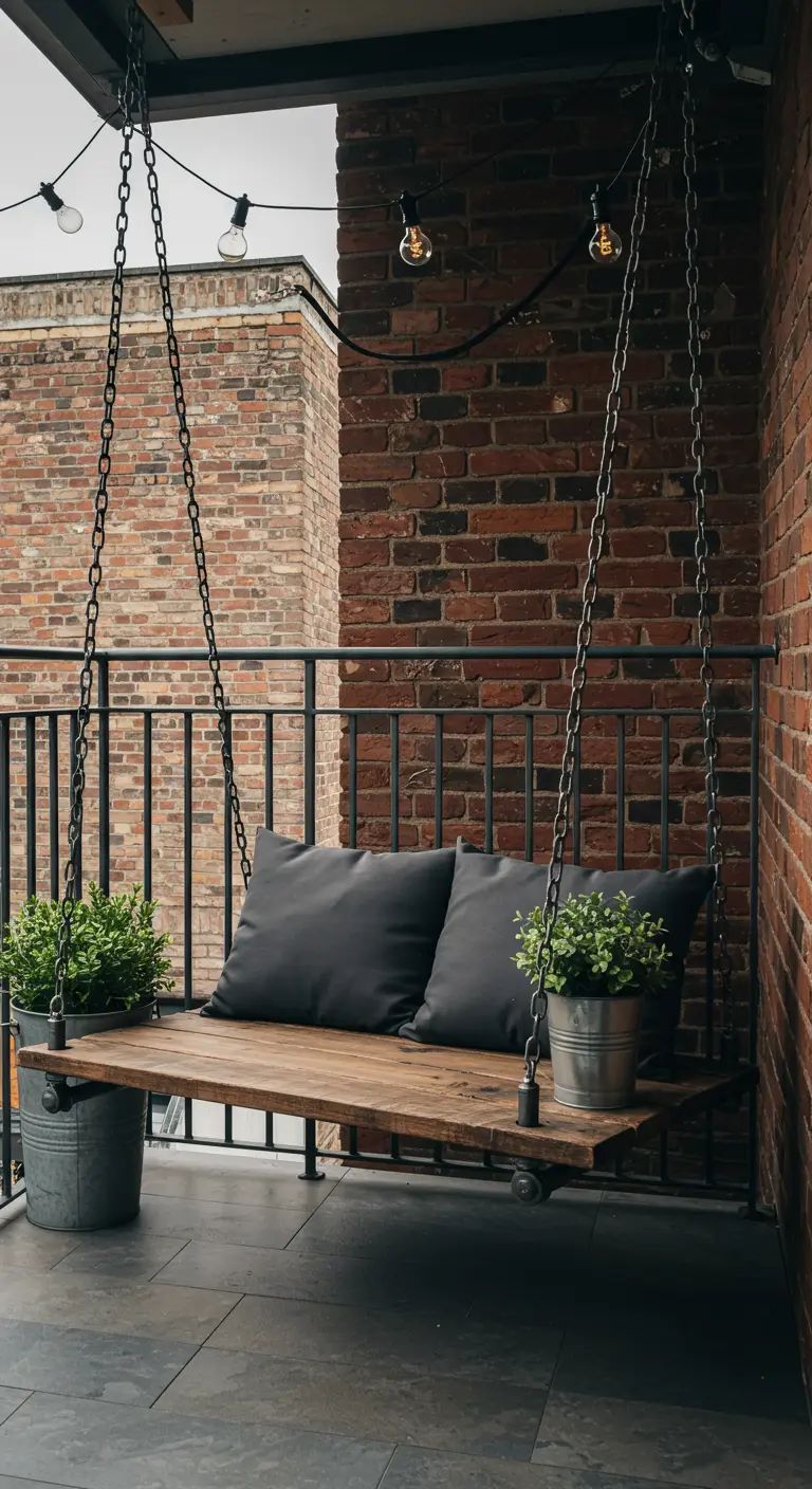 Industriële schommelbank van hout en metaal op balkon met bakstenen muur.