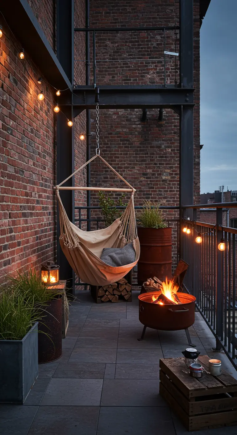 Industrieel balkon met bakstenen muur, canvas hangmat, vuurkorf en lichtsnoer.