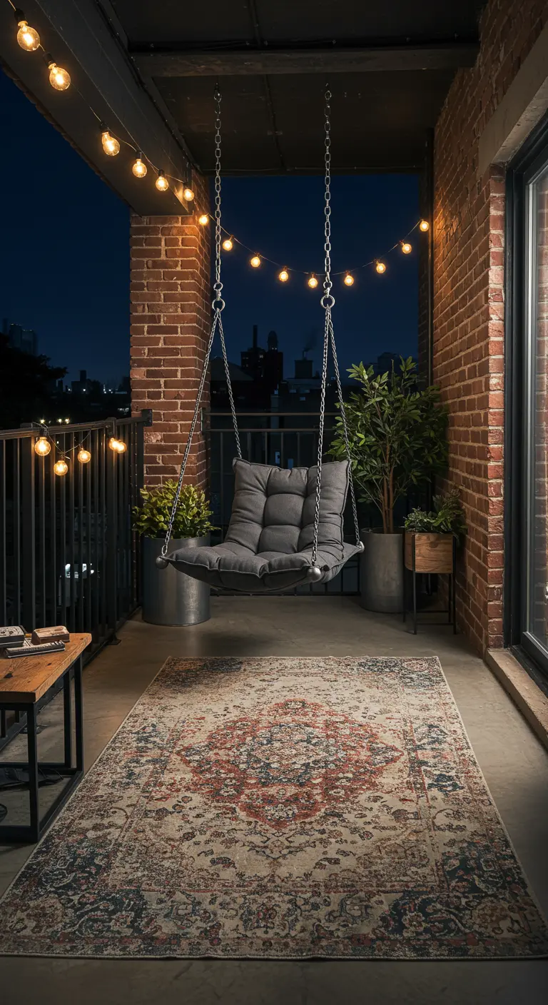 Grijze hangstoel op industrieel balkon met bakstenen muur en een vintage Perzisch tapijt.