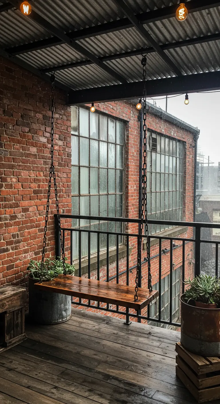Houten schommelplank aan zwarte kettingen op een industrieel balkon met bakstenen muur.