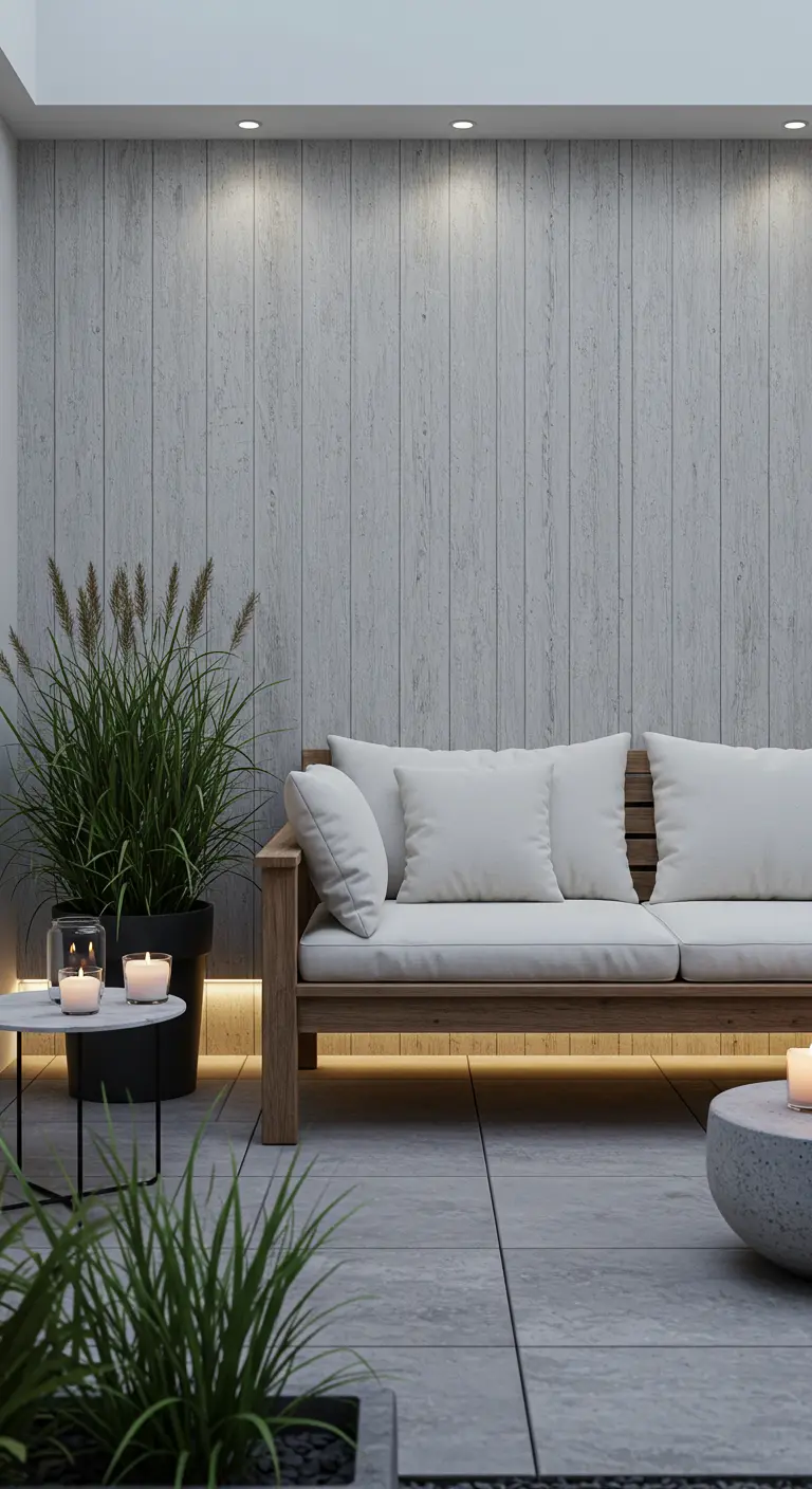 Moderne patio met buitenbehang in betonlook, houten loungebank en kaarslicht.