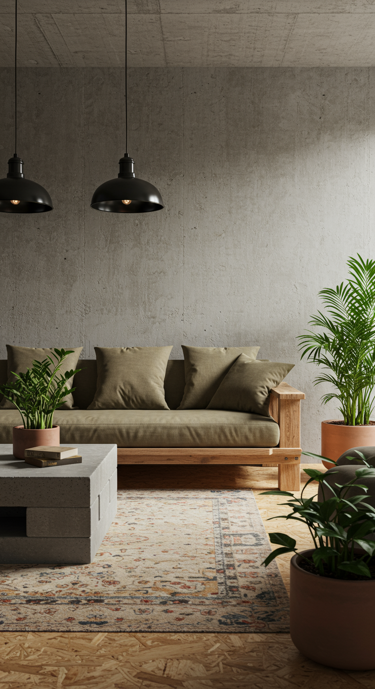 Industriële woonkamer met betonlook muur, houten bank en groene planten.