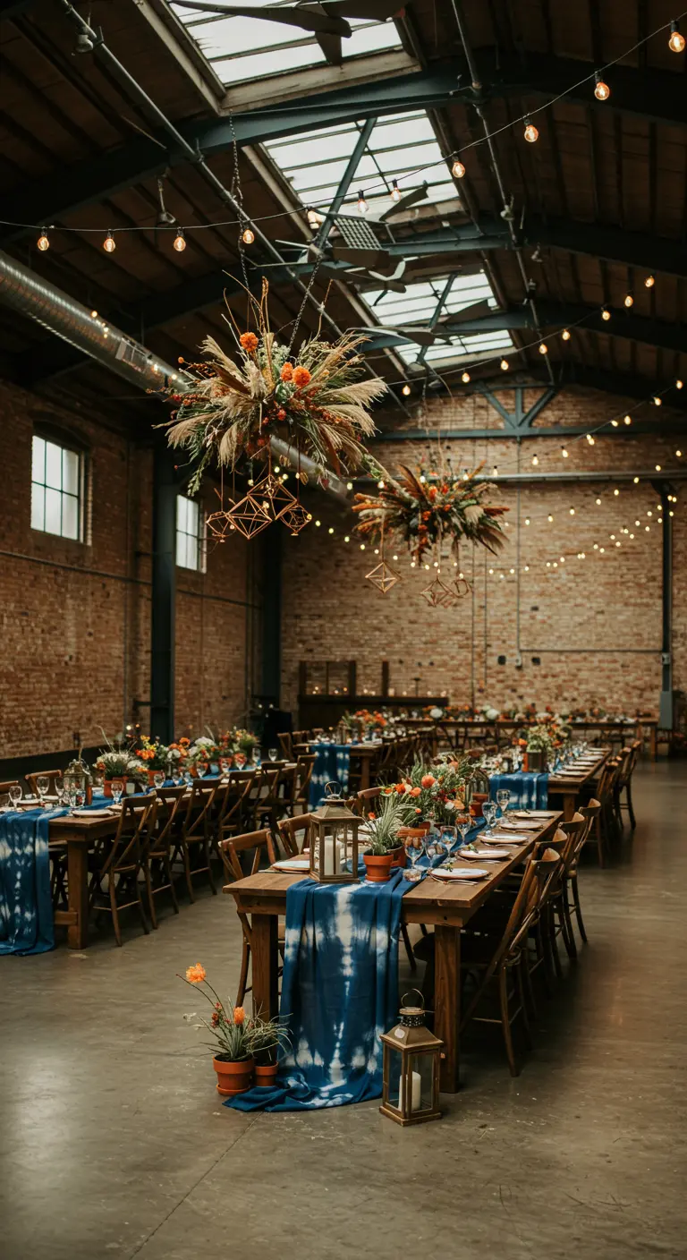 Bohemian bruiloft diner in industriële hal met hangende bloemstukken en blauwe tafellopers.