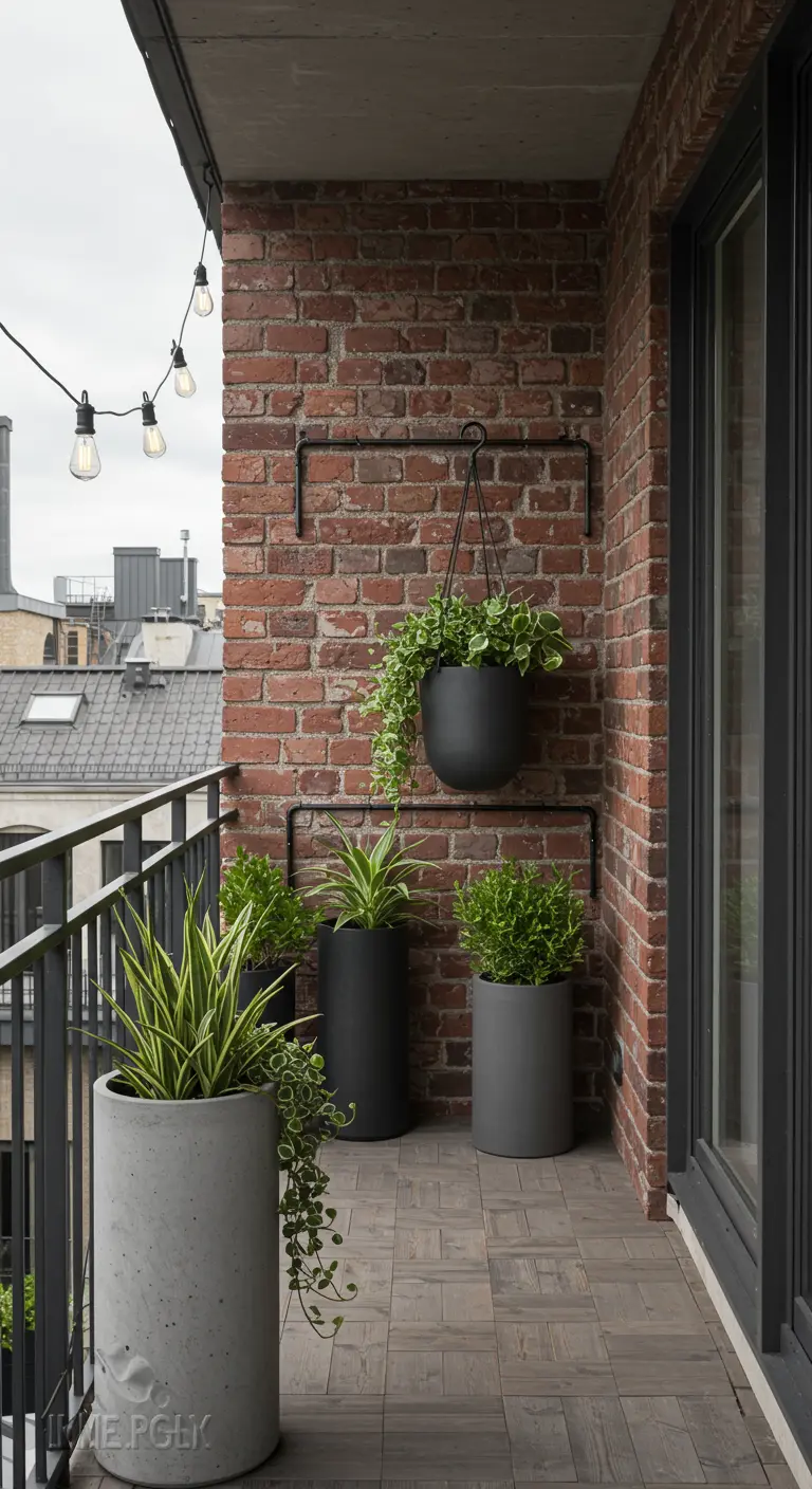 Industrieel balkon met zwarte hangpot en staande potten tegen een bakstenen muur.