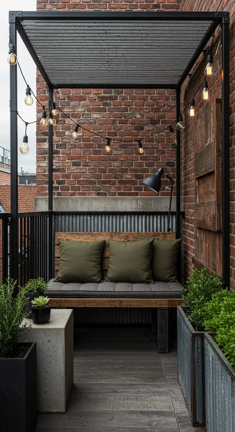 Balkon met bakstenen muur, zwarte metalen pergola, houten bank met groene kussens en industriële verlichting.