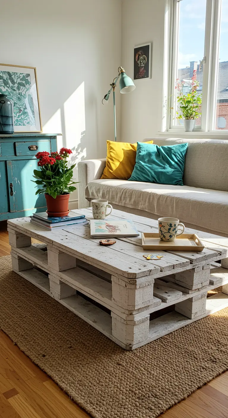 Witgeverfde pallet salontafel in een lichte woonkamer met kleurrijke kussens.