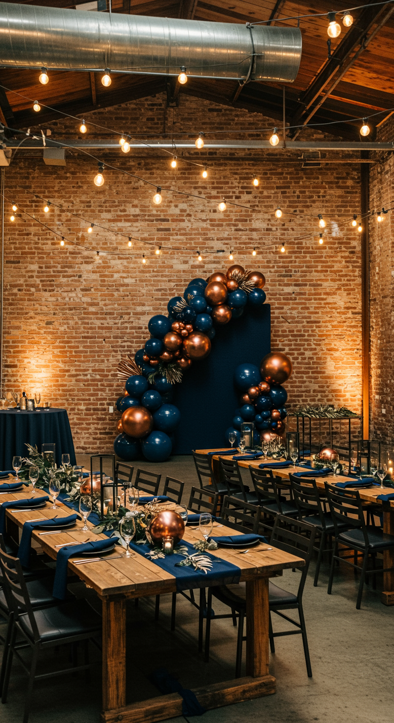 Blauwe en koperkleurige ballonnenboog in een industriële ruimte met bakstenen muur.