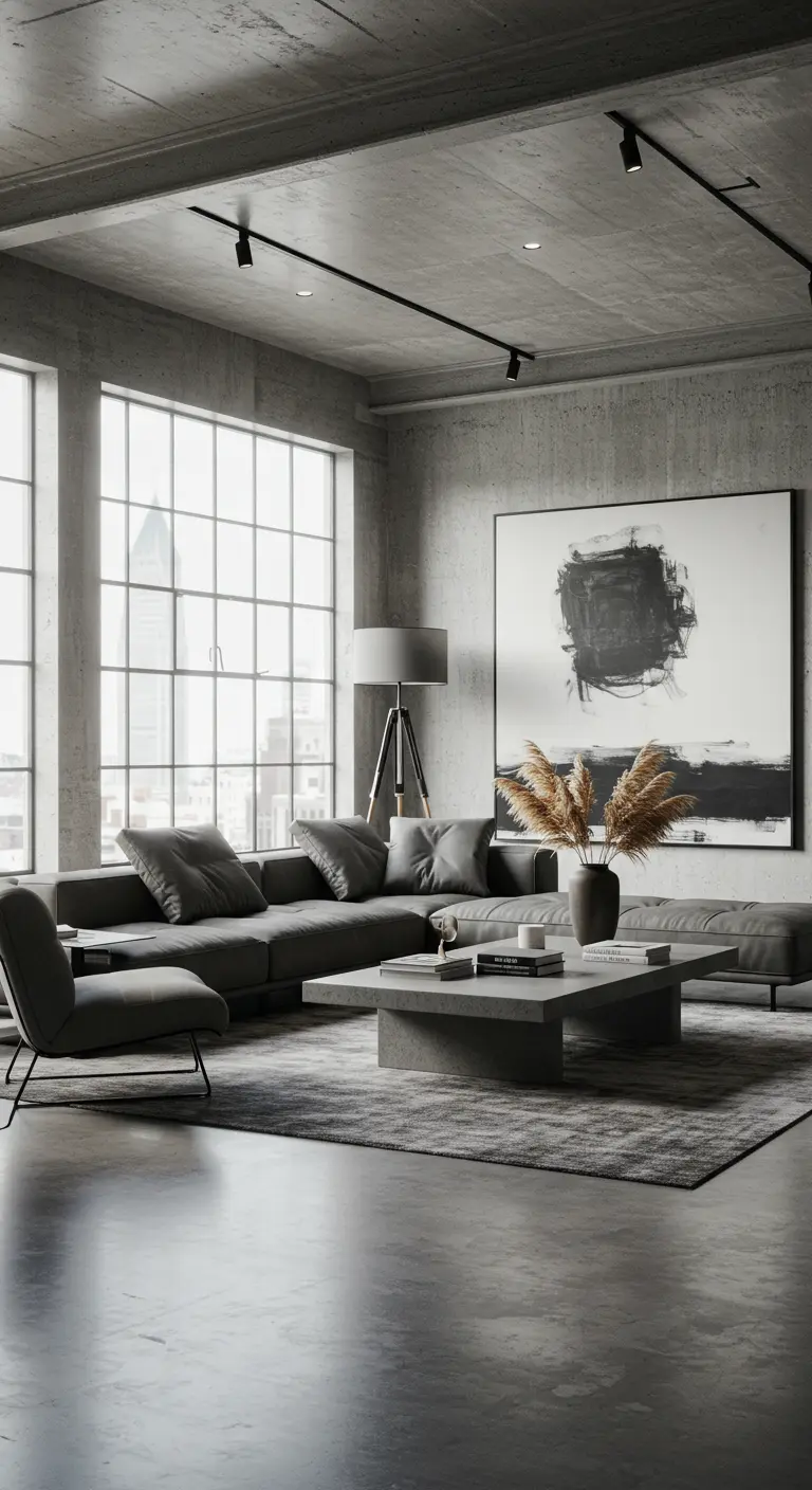 Grijze woonkamer met betonnen muren, moderne hoekbank en abstract zwart-wit kunstwerk.
