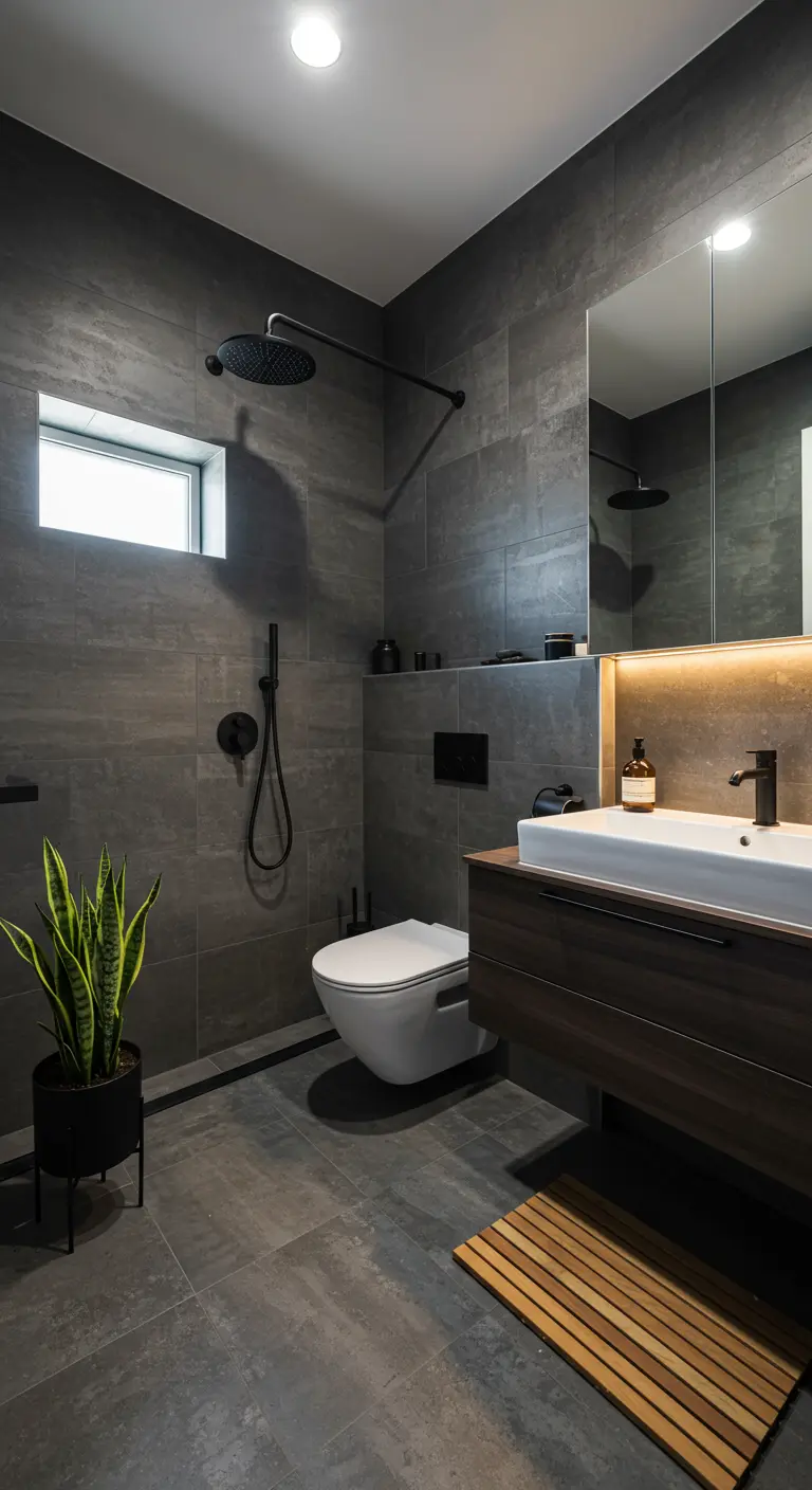 Moderne badkamer met grote donkergrijze tegels, zwarte details en houten wastafelmeubel.