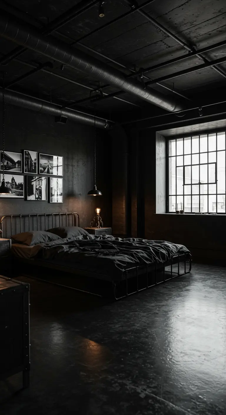 Industriële zwarte slaapkamer met zichtbare plafondleidingen, metalen bedframe en zwarte bakstenen muur.