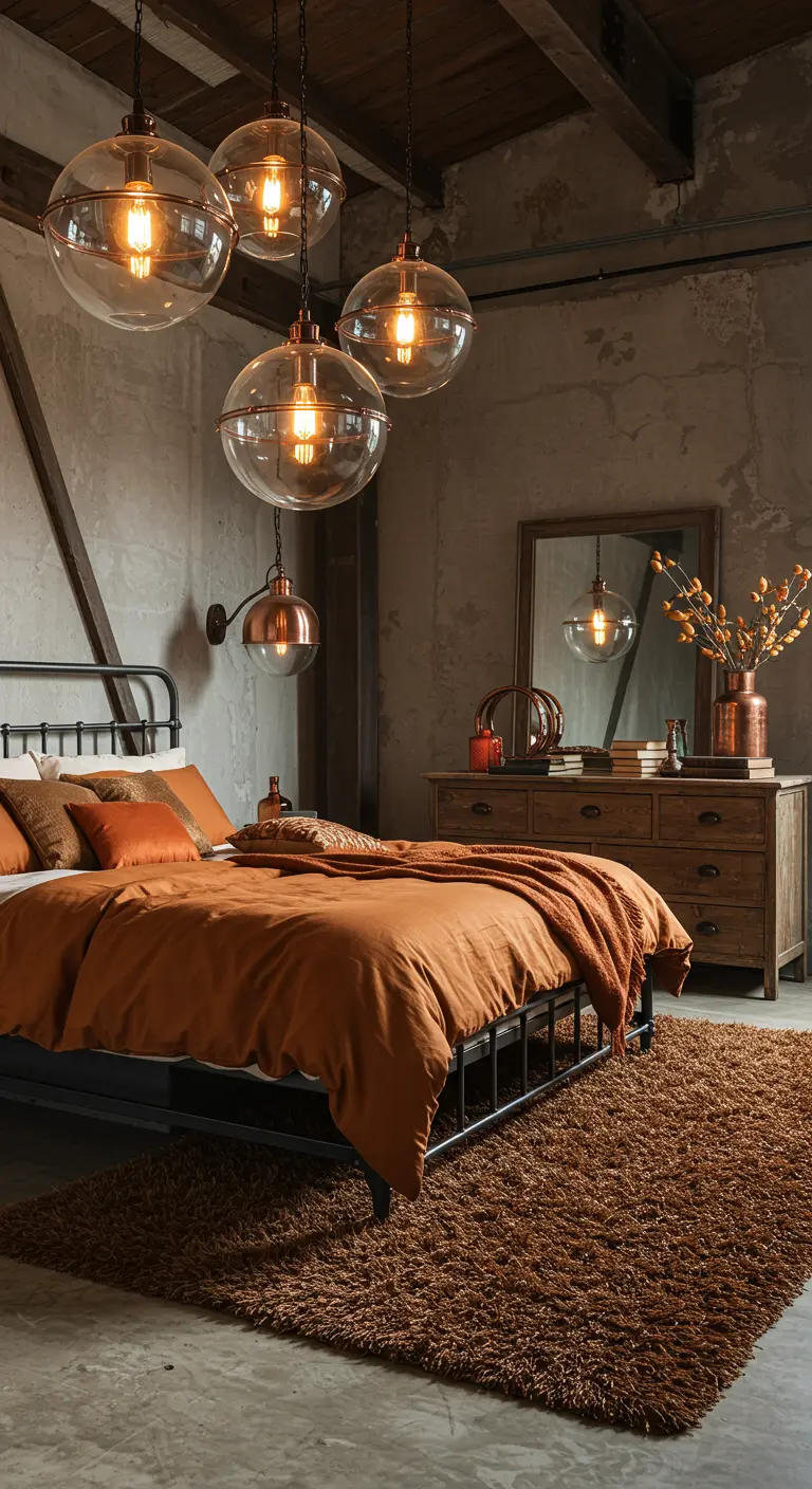 Industriële slaapkamer met betonnen muur, metalen bed, glazen bol-lampen en pluizig vloerkleed.