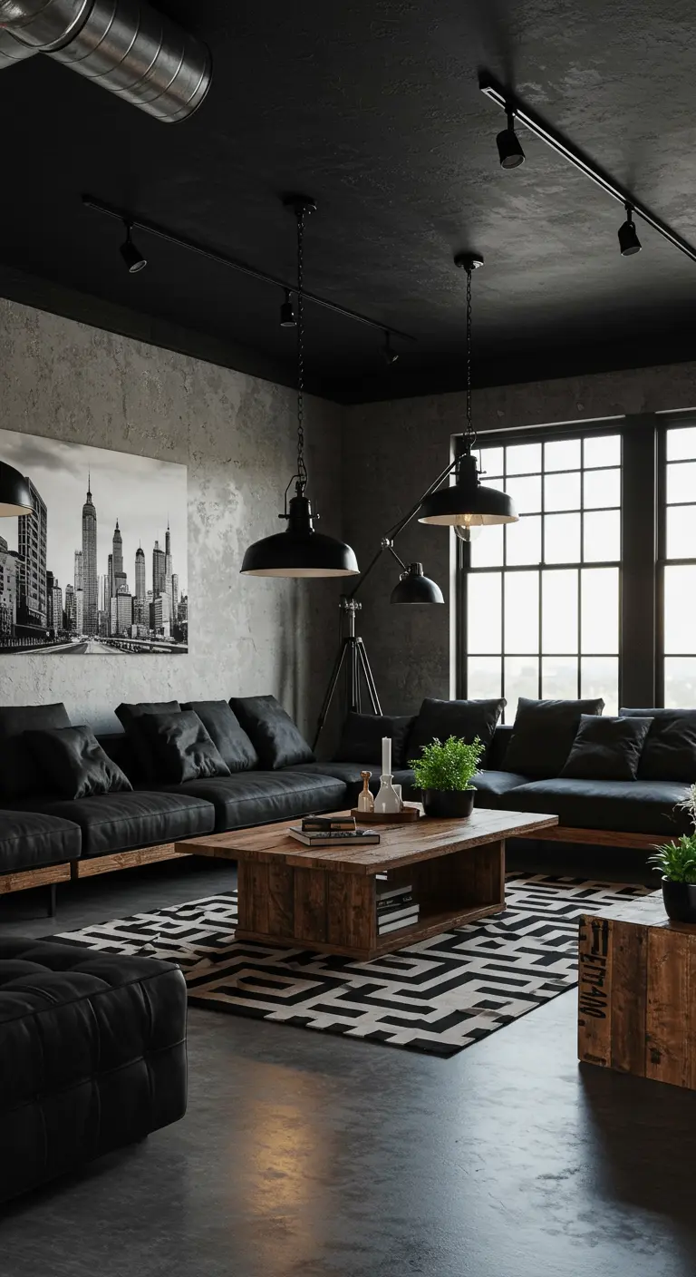 Industriële woonkamer met betonnen muren en plafond, zwarte bank, houten tafel en metalen lampen.
