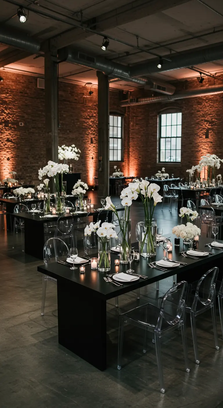 Moderne industriële ruimte met zwarte tafels, transparante stoelen en hoge witte calla's.
