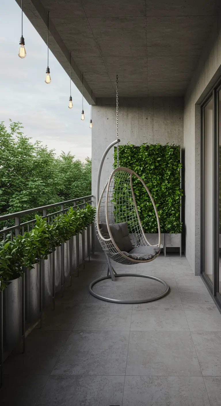 Metalen ei-hangstoel met grijs kussen op een modern balkon met verticale plantenwand en industriële verlichting.