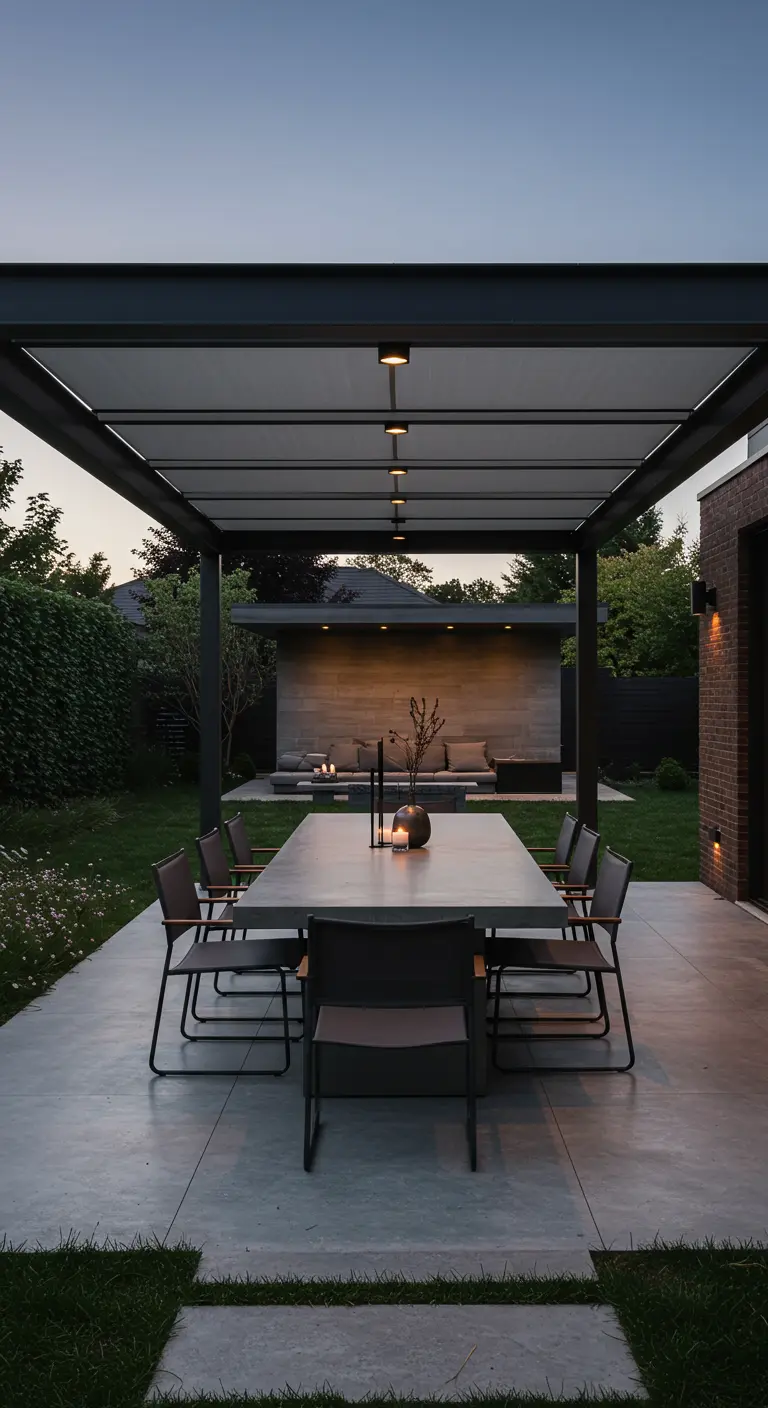 Moderne industriële patio met lange betonnen tafel, donkere stoelen en metalen pergola.