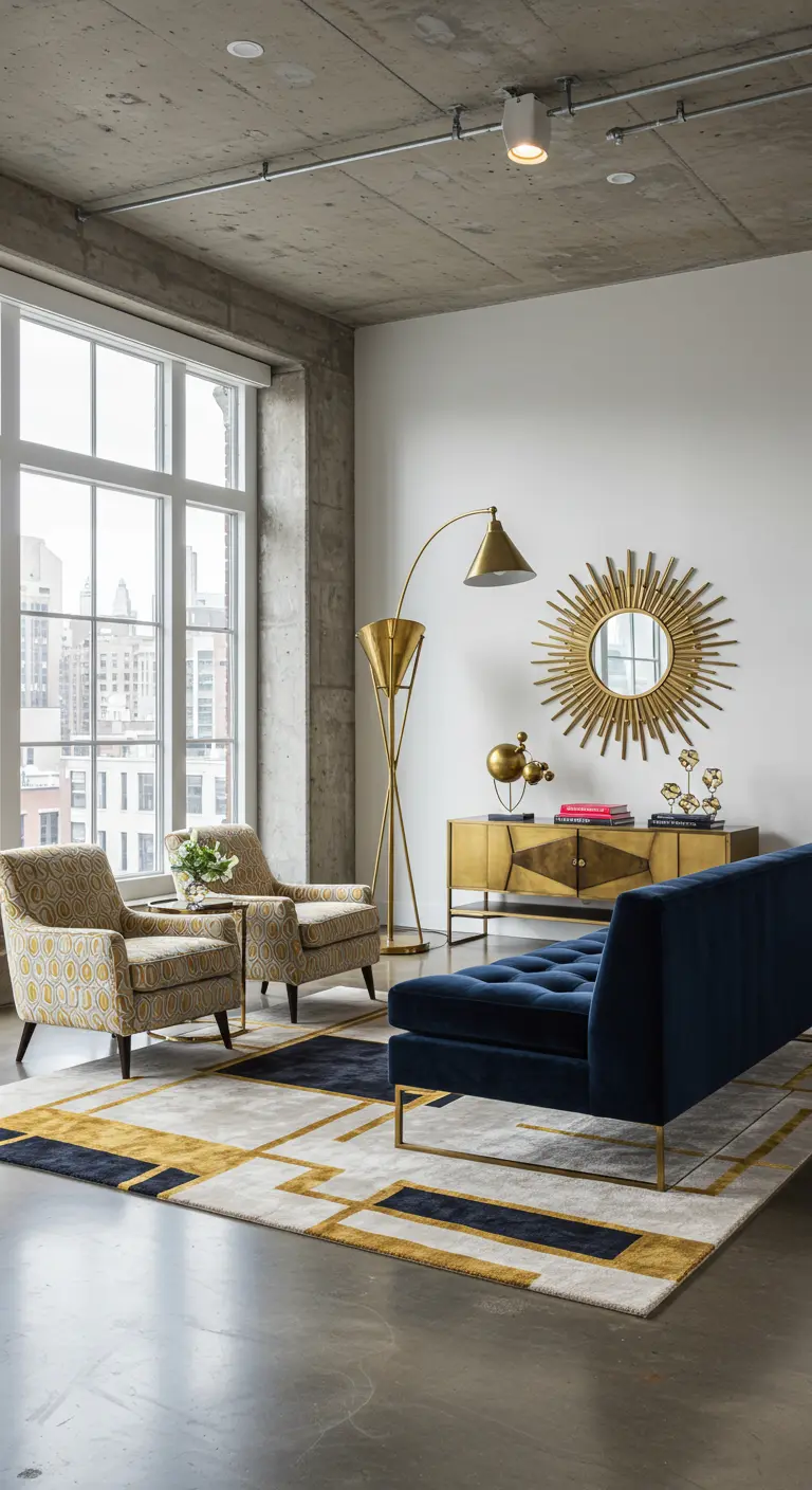 Moderne woonkamer met Art Deco accenten, betonnen plafond, geometrisch vloerkleed, messing spiegel.