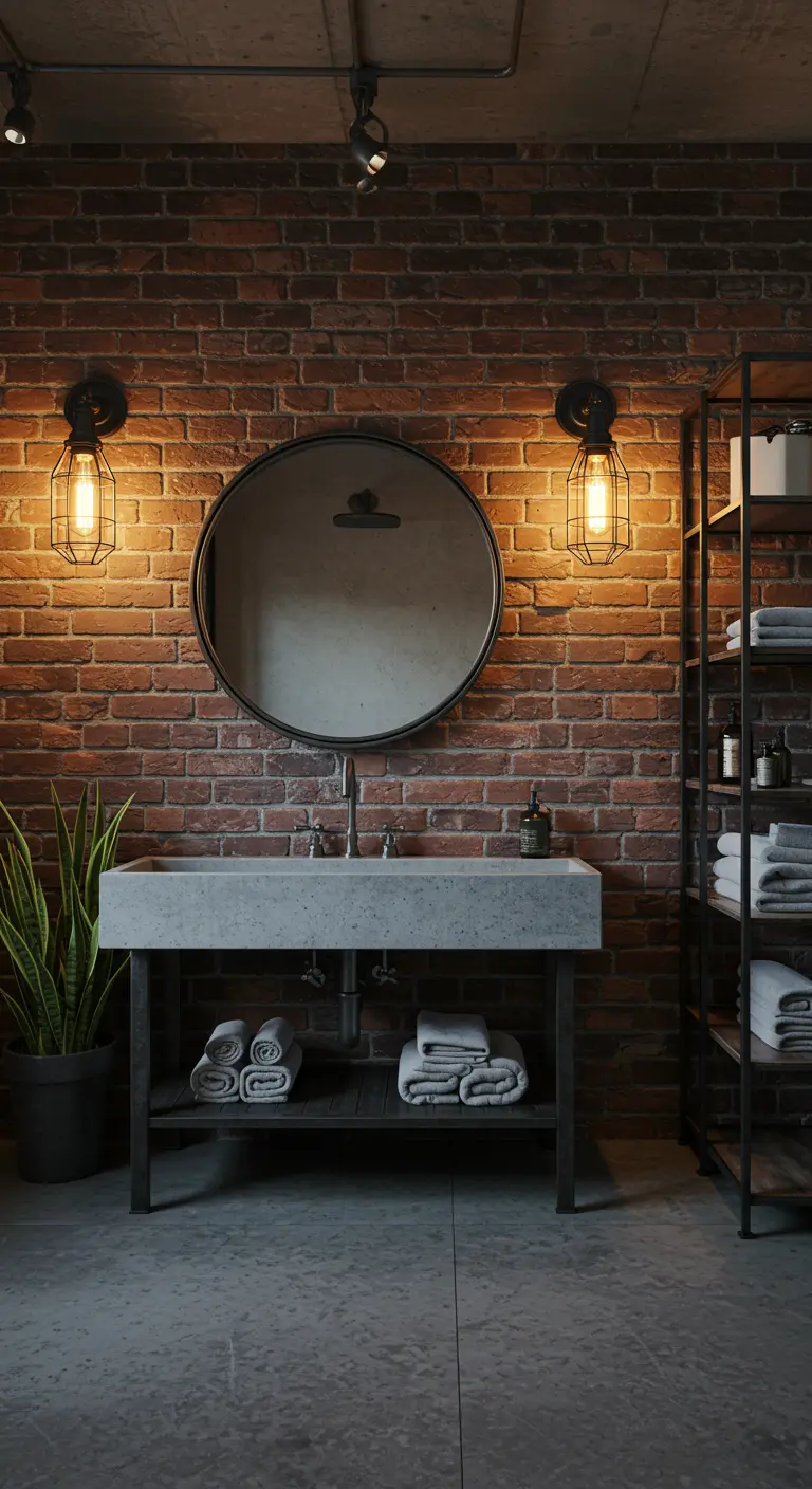 Industriële badkamer met bakstenen muur en metalen kooilampen.