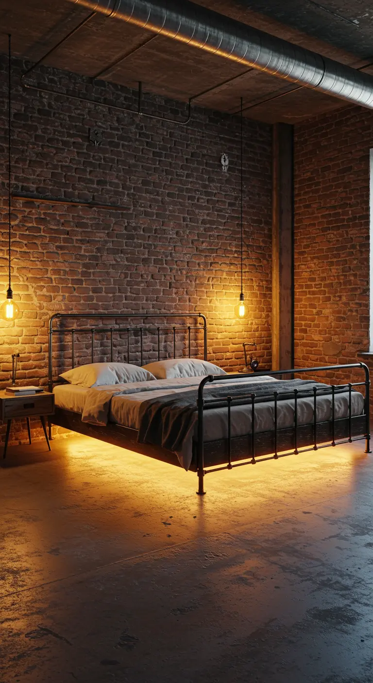 Industrieel bed tegen bakstenen muur, met warme oranje LED-verlichting eronder.