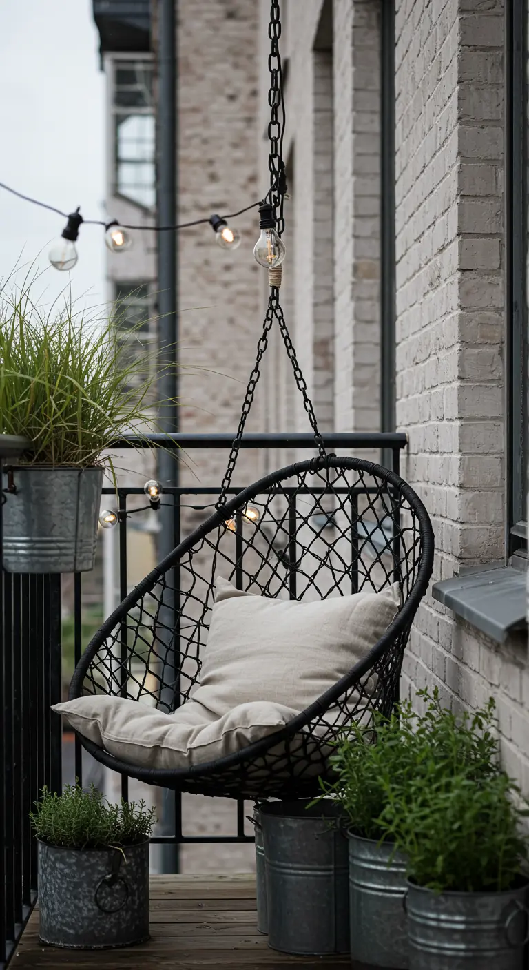 Zwarte macramé hangstoel op balkon met bakstenen muur, lichtslingers en planten in metalen emmers.