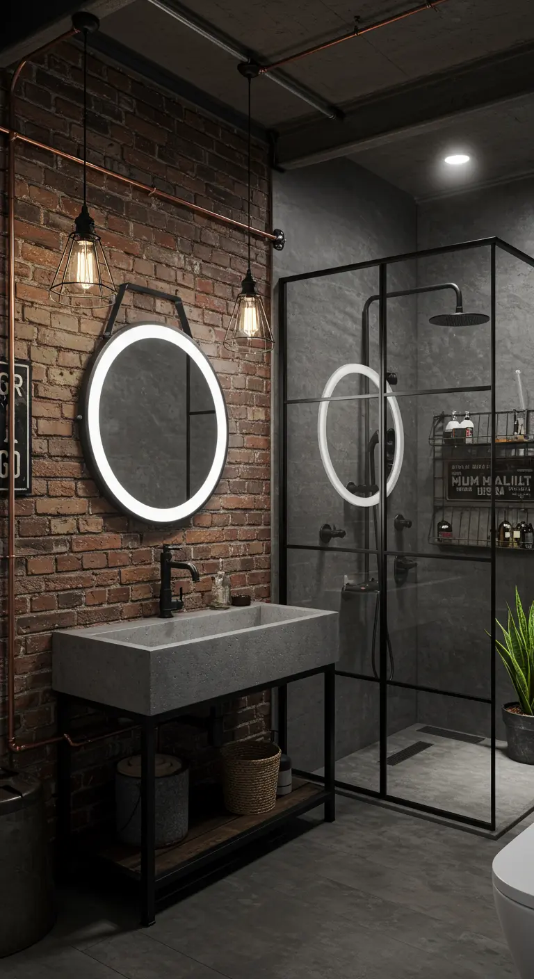 Industriële badkamer met bakstenen muur en een ronde verlichte spiegel.