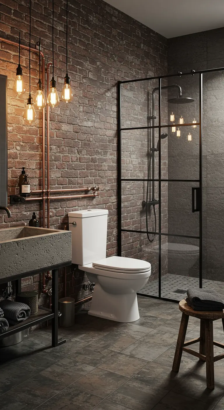 Industriële badkamer met wit toilet, bakstenen muur en stalen douchewand.