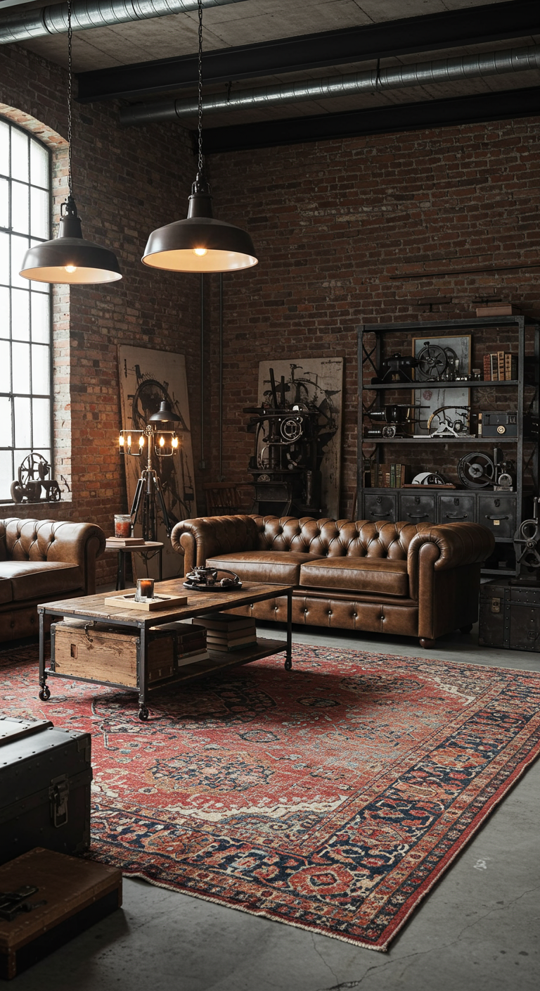 Industriële loft met bakstenen muur en een klassiek Perzisch tapijt.