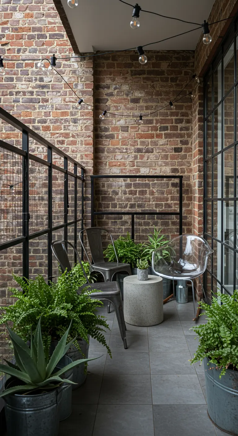 Industrieel balkon met bakstenen muur, stalen frames, gaas, en diverse planten in potten.