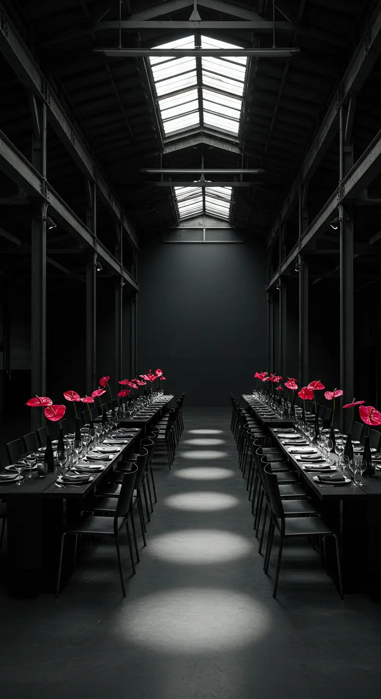 Donkere industriële dinerzaal met lange zwarte tafels en rode anthuriums als accent.
