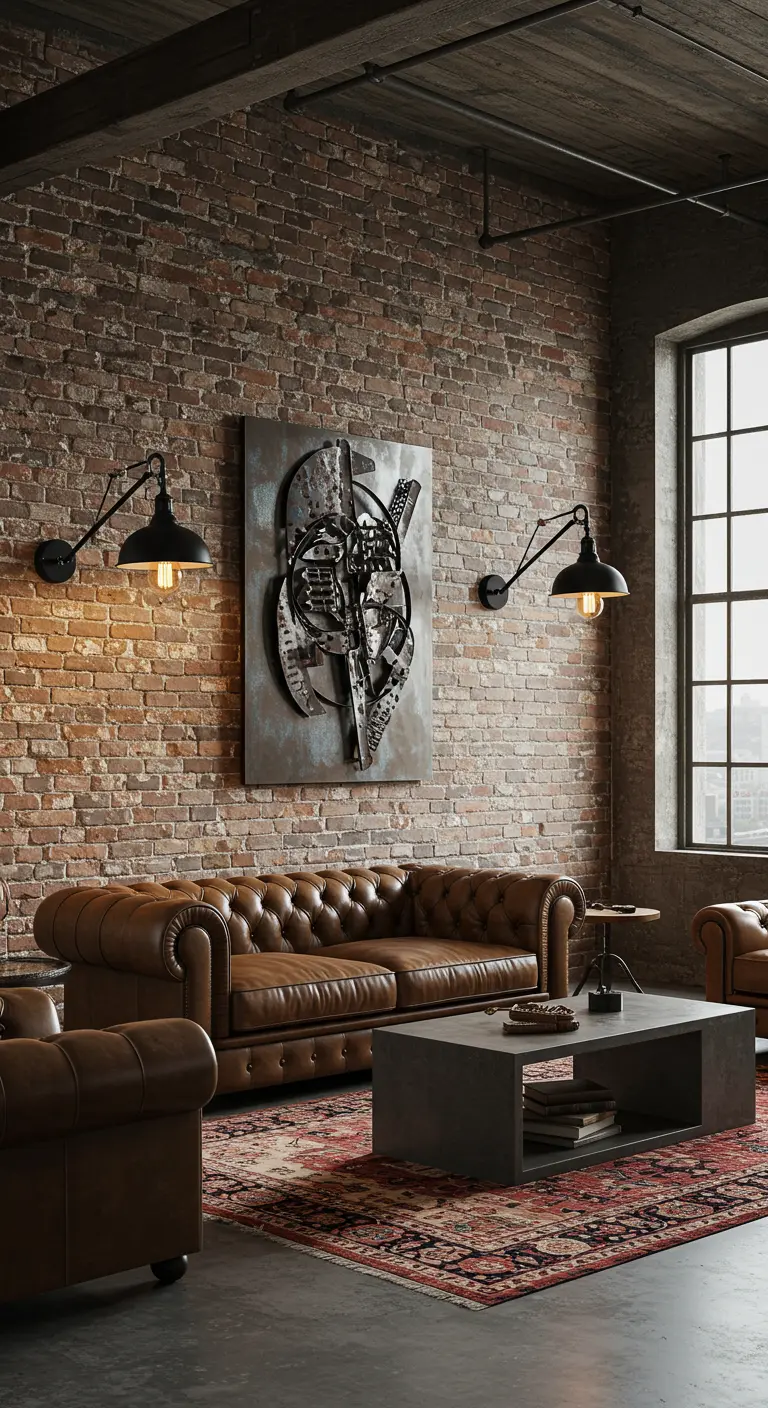 Industriële woonkamer met bakstenen muur, bruine leren Chesterfield bank en twee zwarte wandlampen.