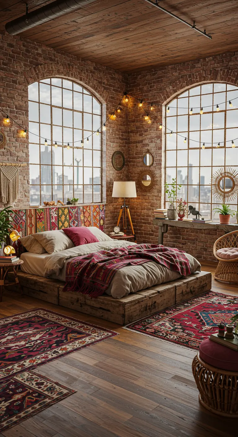 Industriële slaapkamer met bed op houten plateau, bakstenen muren en sfeervolle lichtsnoeren.