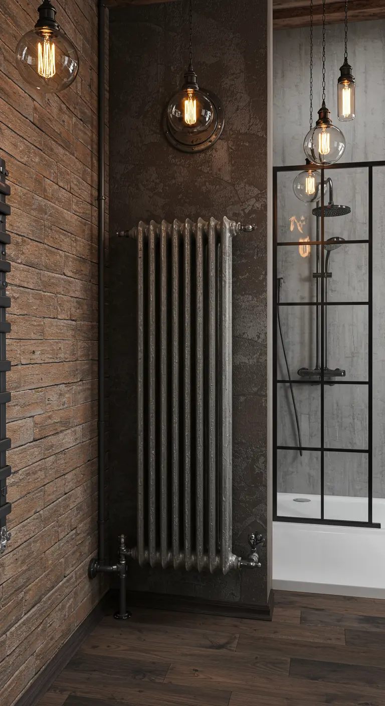 Gietijzeren radiator in industriële stijl tegen donkere muur met baksteen en zichtbare leidingen.