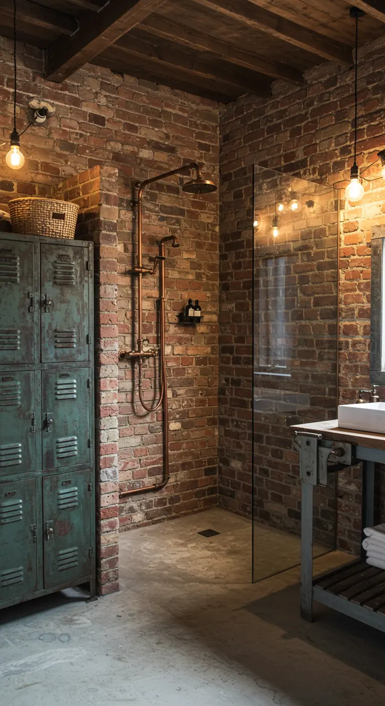 Industriële douche met bakstenen muur, koperen leidingen en metalen locker.