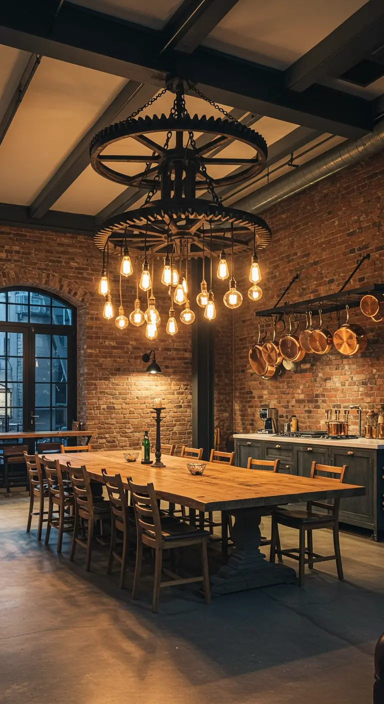Grote industriële kroonluchter met peertjes boven lange eettafel in bakstenen ruimte.